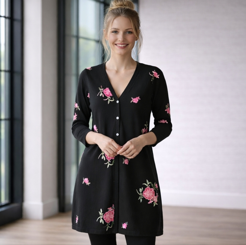 Fig and Flower Black Long-line Cardigan with Pink Embroidered Floral Details
